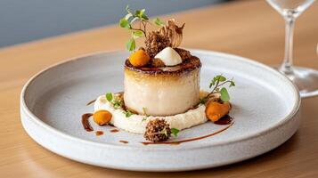 A dessert on a plate with a glass of wine photo