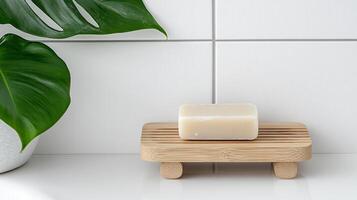 A soap bar on a wooden stand next to a plant photo