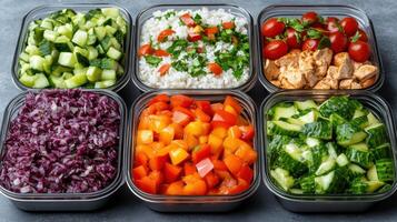 Six containers with different types of vegetables in them photo