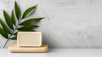 A soap bar on a wooden stand next to a green plant photo