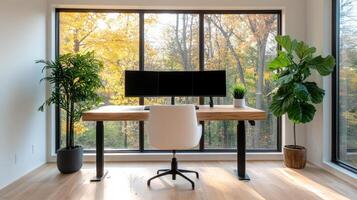 A desk with a computer and a plant in front of a window photo