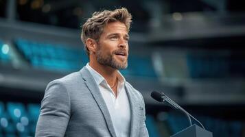 A man in a suit giving a speech photo