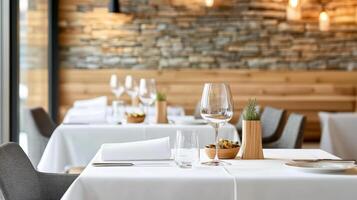 A restaurant table with white table cloth and chairs photo