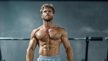 A man with a shirtless body standing in front of a barbell photo