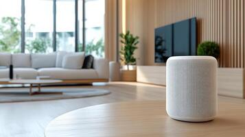 A smart speaker is sitting on a table in a living room photo
