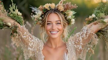 A beautiful blonde woman with a flower crown on her head photo