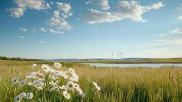 Wind turbines in the background of a field with flowers photo