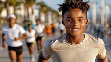 A young boy is running in the street photo