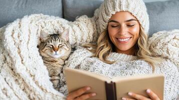 A woman in a sweater and hat reading a book with her cat photo