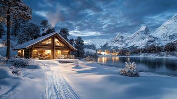 A cabin in the snow with a lake and mountains in the background photo