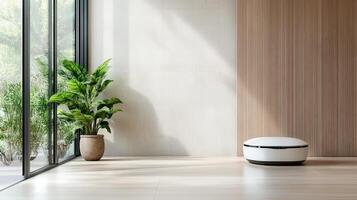 A robot vacuum cleaner in a room with a window photo
