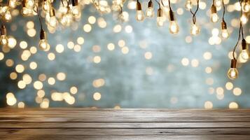 Wood table with christmas lights on it photo