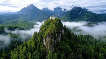 The castle on top of a mountain surrounded by trees photo