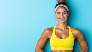A woman in a yellow sports bra top and headband photo