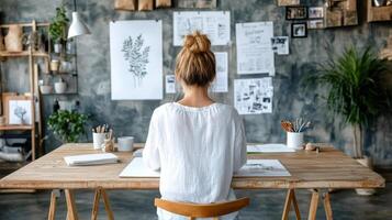 A woman sitting at a desk in front of a wall with a lot of pictures on it photo