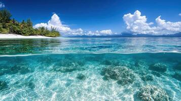 Underwater view of tropical island with clear water and coral reefs photo
