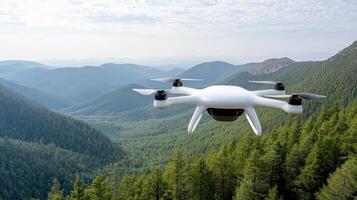 A white drone flying over a forested area photo