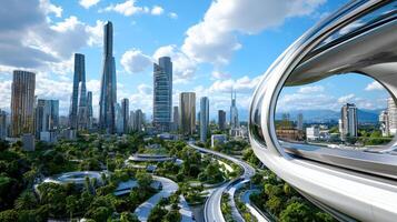 A futuristic city with futuristic buildings and a futuristic car photo