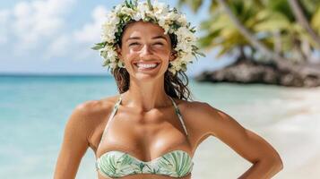 A woman in a bikini and flower crown on the beach photo