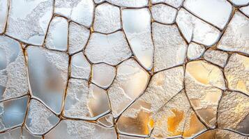 A close up of a frosty window with cracks photo