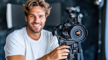 A man holding a camera and smiling photo