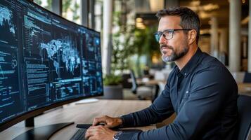 A man in glasses is working on a computer screen photo