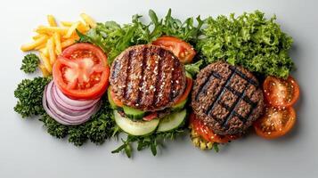 Grilled hamburger with vegetables and lettuce on white background photo