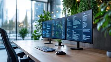 Two monitors on a desk in front of a window photo