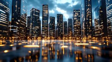 Cityscape at night with lights on buildings and water photo