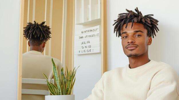 A young man with dreadlocks sitting in front of a mirror photo