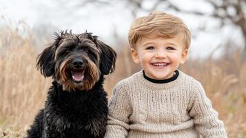 A young boy and his dog in a field photo