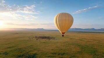 A hot air balloon flying over a large open field photo