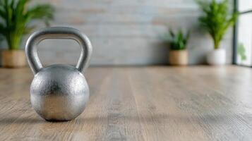 A kettlebell on a wooden floor with a plant in the background photo