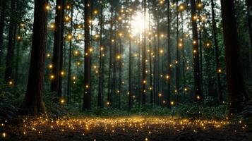 A forest with many fireflies in the middle photo
