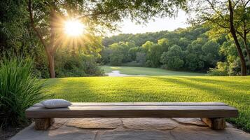 A wooden bench sitting on a stone path in a park photo