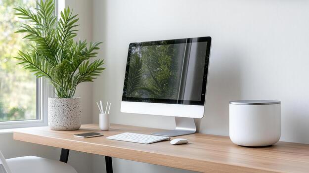 A computer on a desk with a plant photo