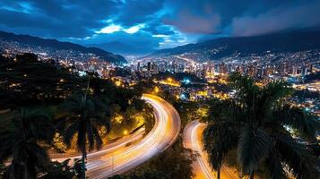 A city at night with long exposure of cars driving on a highway photo