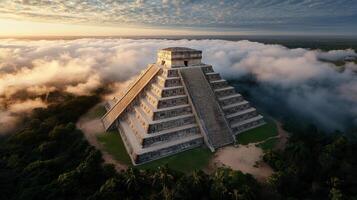 The pyramid of chichen itza is surrounded by clouds photo