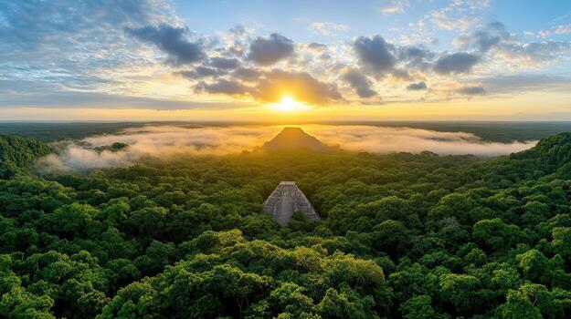 aéreo ver de el maya templo a el parte superior de el selva en el selva, foto