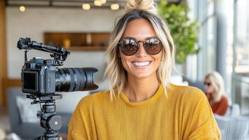 A woman in sunglasses is holding a camera photo