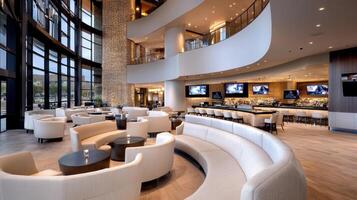 The lobby of a hotel with a large curved bar photo
