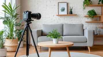 A camera on a tripod in front of a couch photo