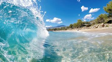 A wave breaking on the beach with blue water photo