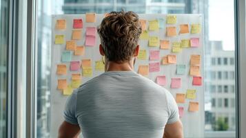 A man looking at a post it note board with notes on it photo