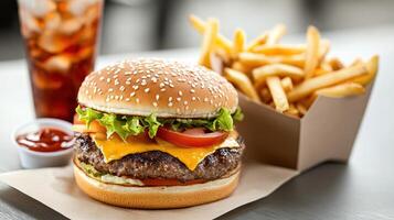 A hamburger and french fries sit on a paper tray photo
