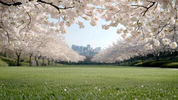 A field with trees and flowers in front of a city photo