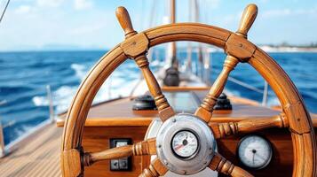 A steering wheel on a boat with a blue sky in the background photo