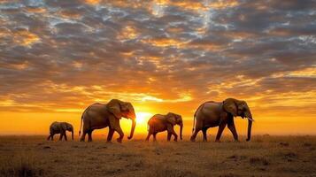 African elephants walking in the sunset photo