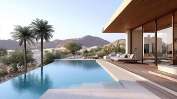 A modern villa with a pool and palm trees photo