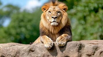 A lion is sitting on a rock photo